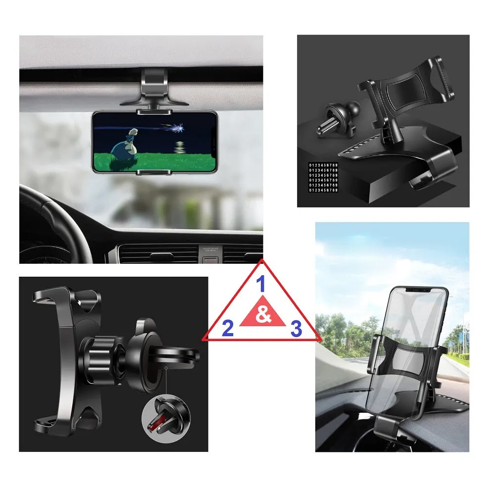 3 in 1 Car GPS Smartphone Holder: Dashboard / Visor Clamp   AC Grid Clip for Archos 40 Neon - Black