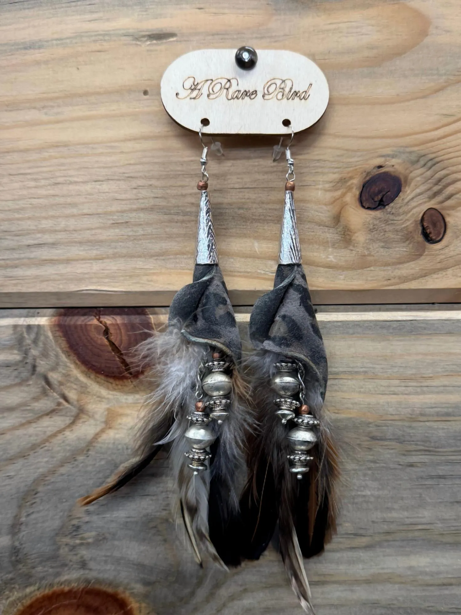 A Rare Bird - Women's Cheetah Leather Feather Earrings