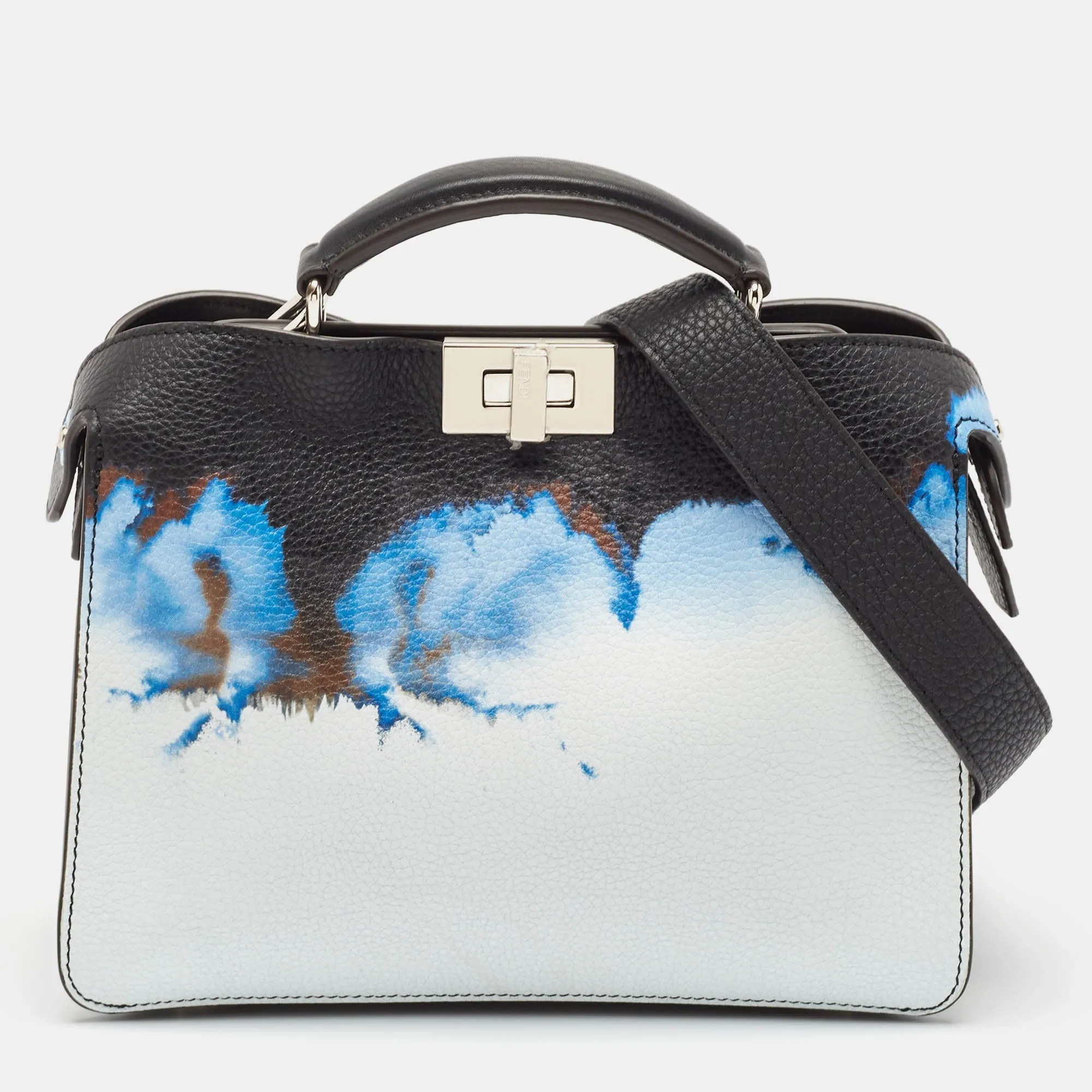Fendi Black/blue Cloud Graphic Leather Small Peekaboo Iseeu Bag