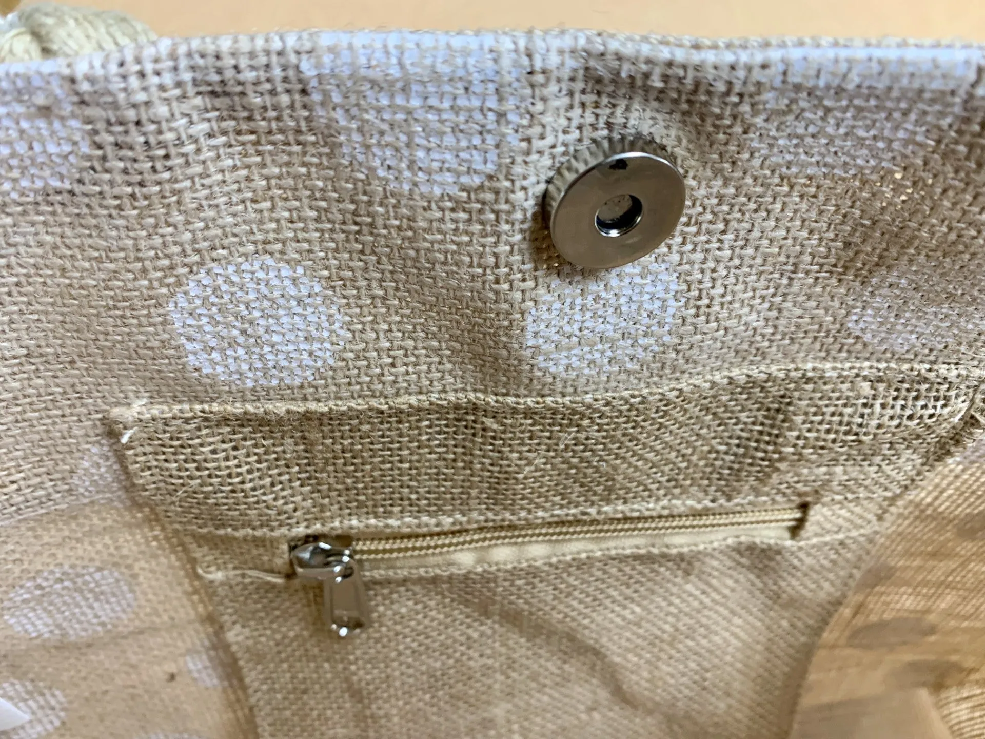 Jute tote with hand sewn buttons & Polka Dots