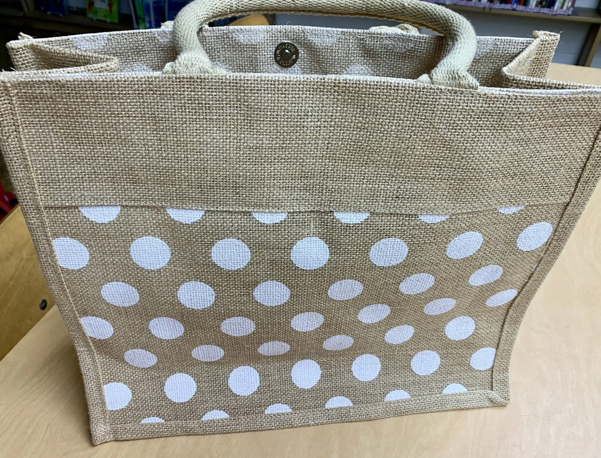 Jute tote with hand sewn buttons & Polka Dots