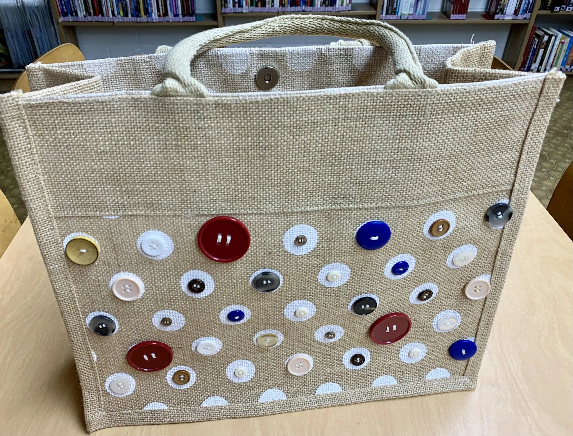 Jute tote with hand sewn buttons & Polka Dots