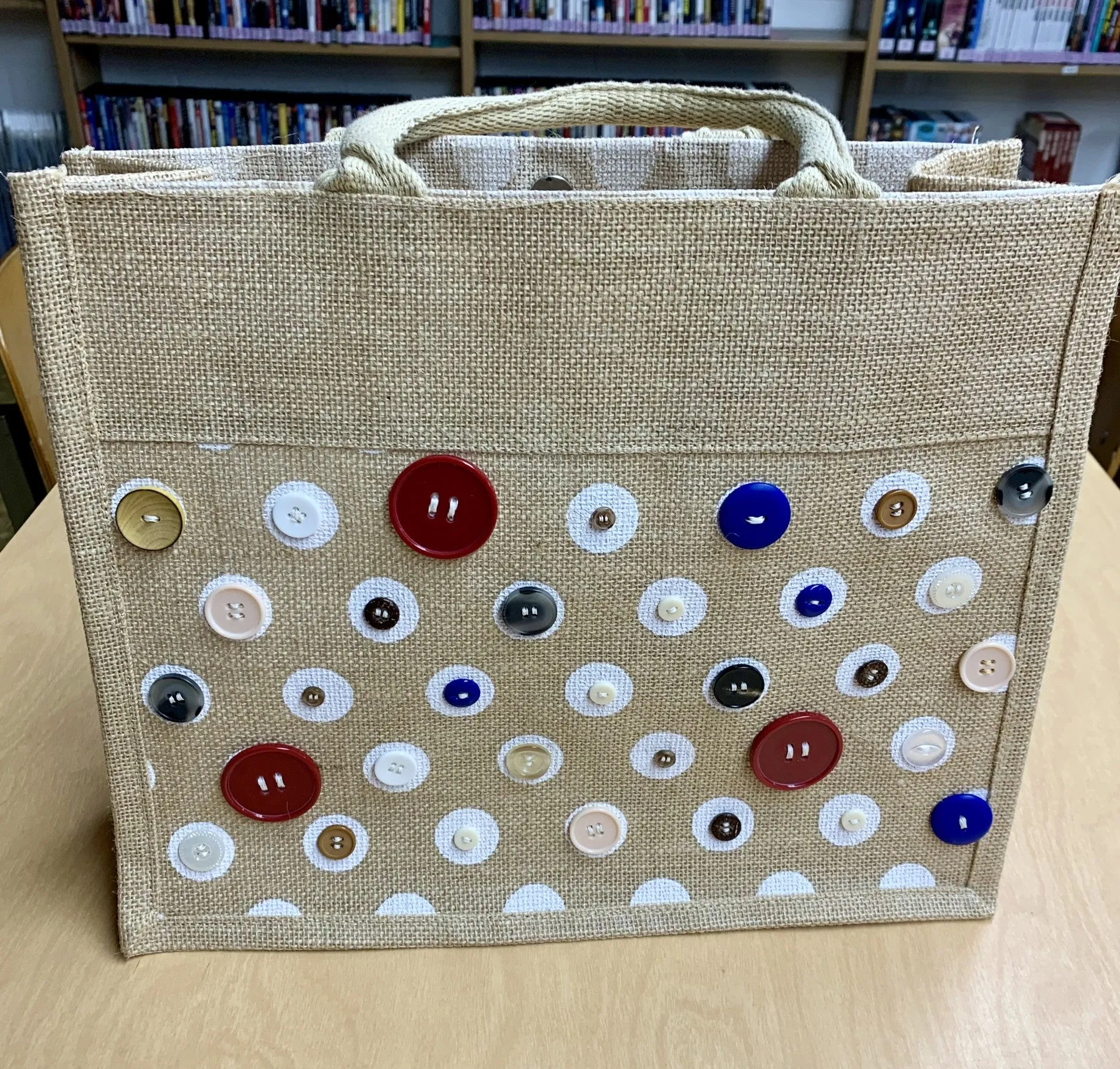 Jute tote with hand sewn buttons & Polka Dots
