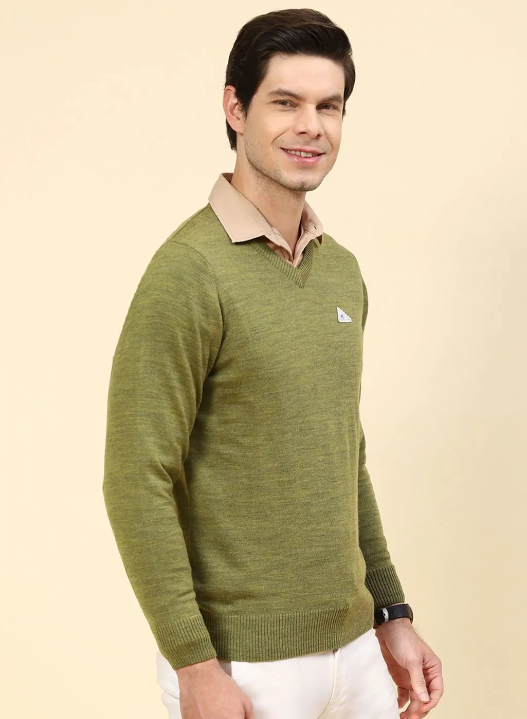 Men Olive Solid Wool blend Pullover