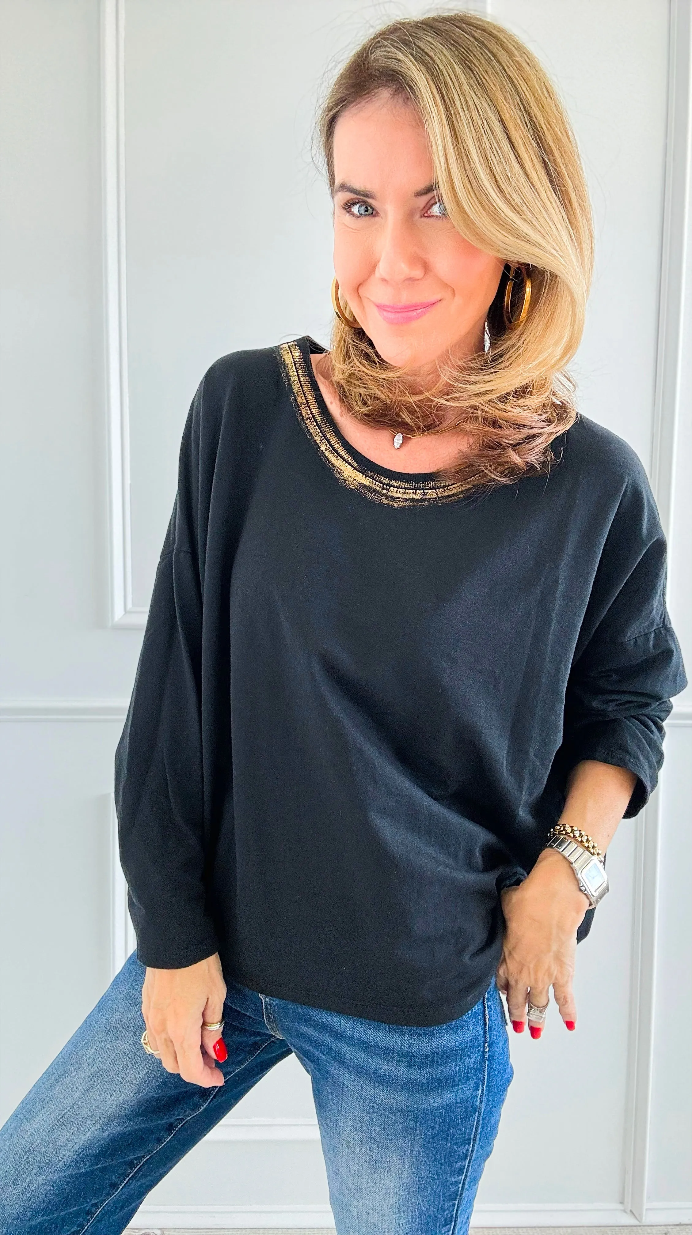Metallic Foil Detailed Comfort Italian Pullover- Black/Gold