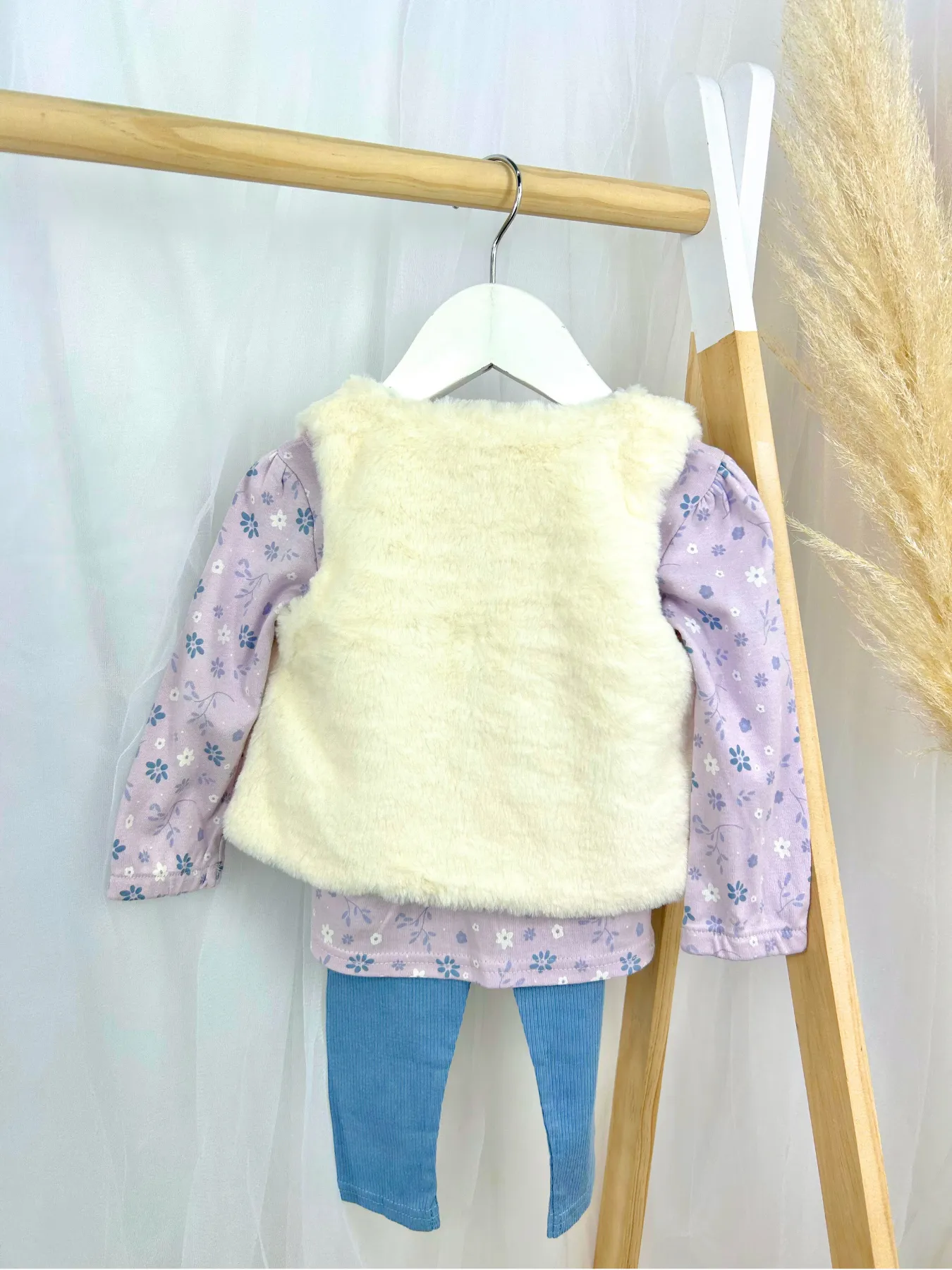 Toddler Girl Purple & Cream 3 Piece Gilet Outfit Set
