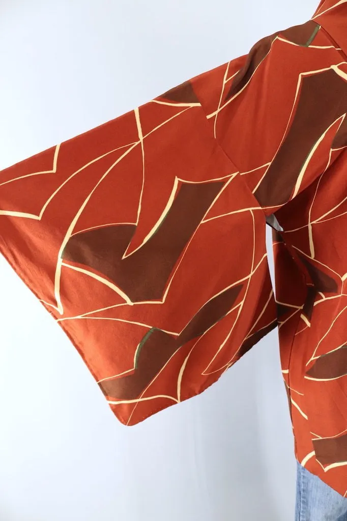 Vintage Silk Kimono Cardigan / Brown Abstract