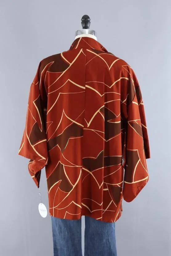 Vintage Silk Kimono Cardigan / Brown Abstract