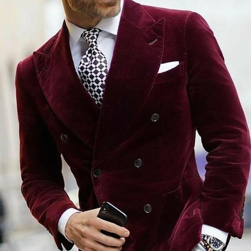 Voguable Burgundy Double Breasted Velvet Mens Blazer Elegant Single Coat Smoking Male Suit Dinner Jacket with Big Peaked Lapel Costume