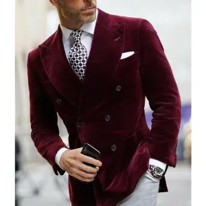 Voguable Burgundy Double Breasted Velvet Mens Blazer Elegant Single Coat Smoking Male Suit Dinner Jacket with Big Peaked Lapel Costume