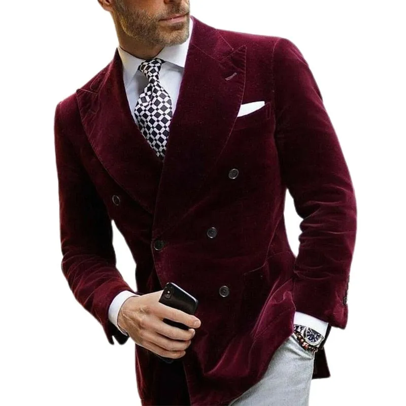 Voguable Burgundy Double Breasted Velvet Mens Blazer Elegant Single Coat Smoking Male Suit Dinner Jacket with Big Peaked Lapel Costume