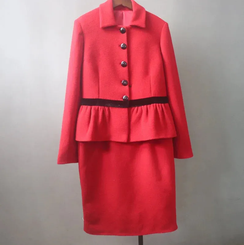 Women Custom Made Red Flare Tweed Jacket   Skirt / Trousers Pants, Shorts Suit/ Wedding Suit/ Graduation Ceremony / Speech Day, Formal Event