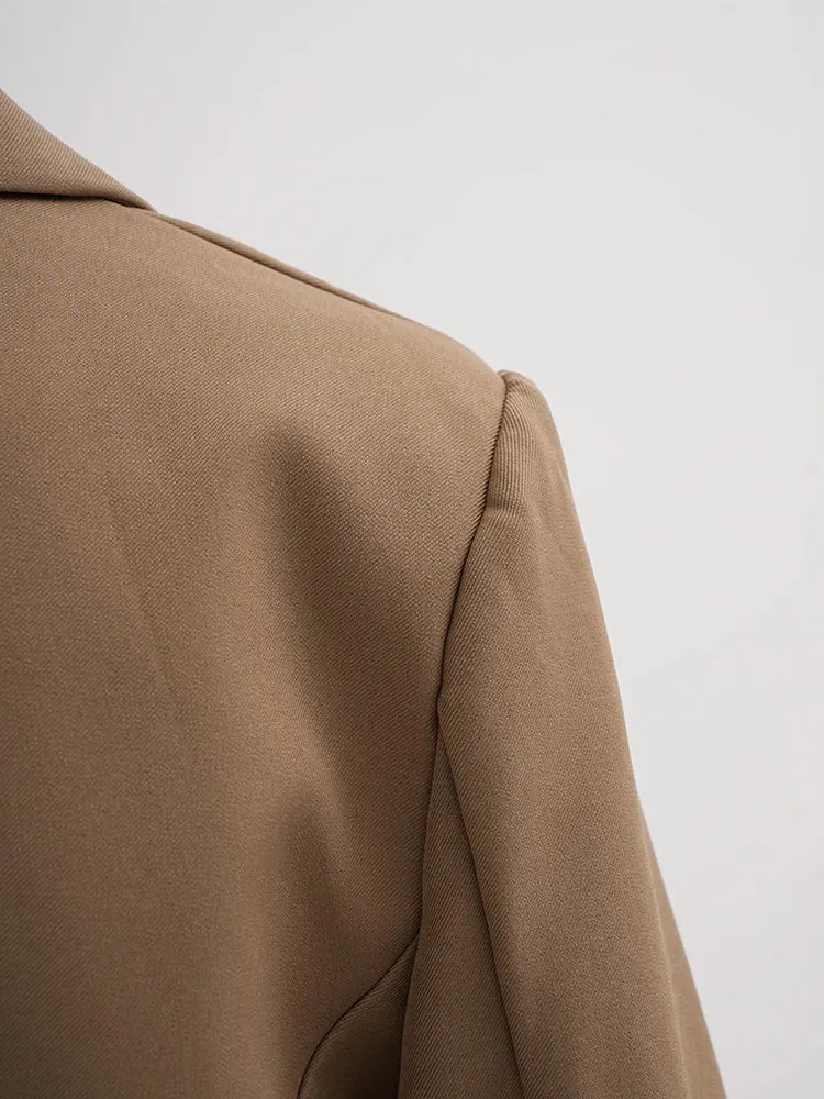 Women's Brown Blazer with Pleated Knotted Sleeves